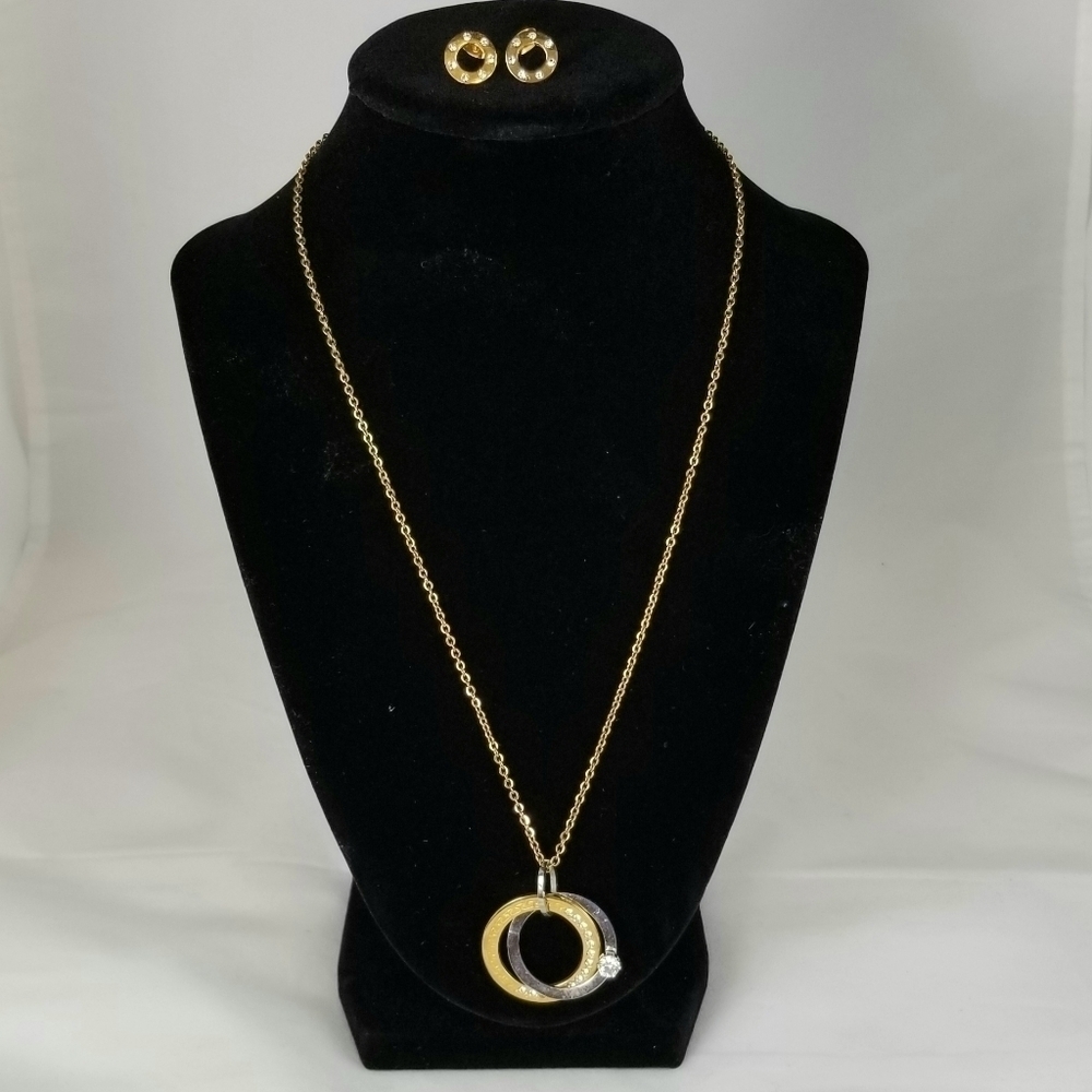 Gold, Crystal, Silver Pendant Necklace w/Earrings